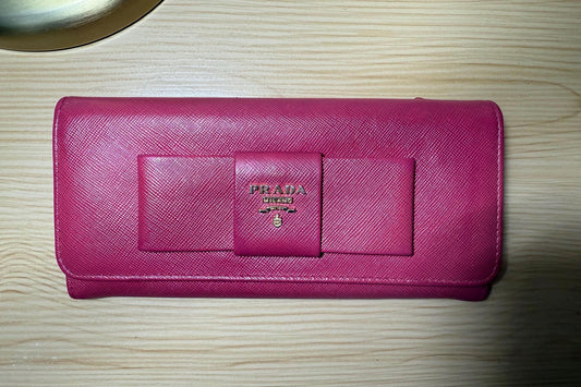 Prada Saffiano Leather Continental Pink Peonia Bow Wallet