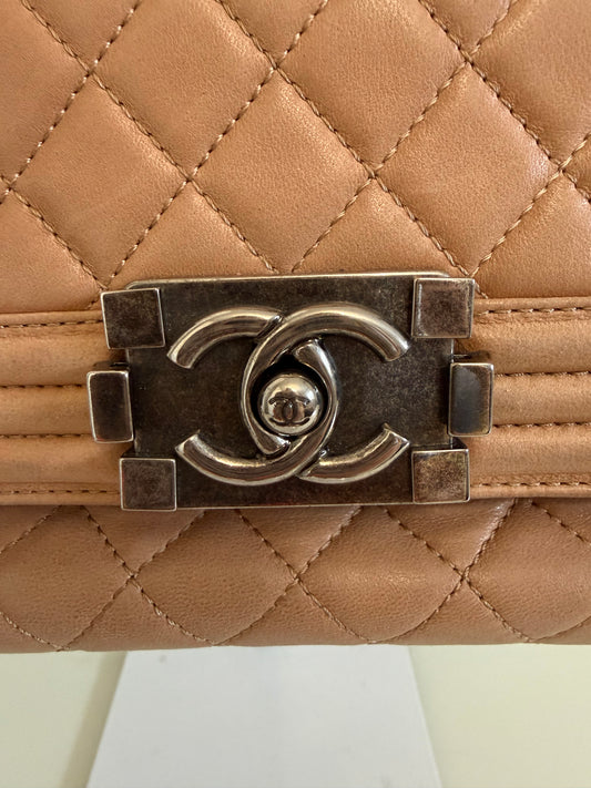 Chanel Boy Accordion Flag Bag Quilted Tan Lambskin with Gunmetal Chain