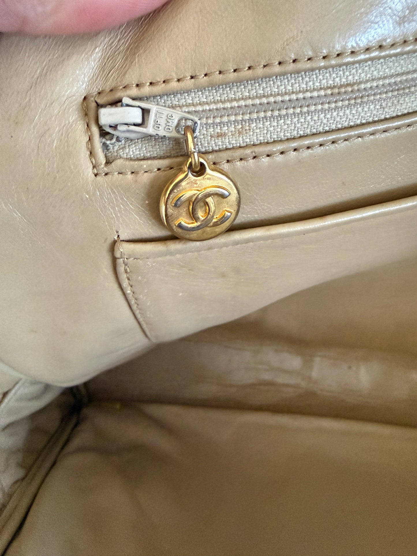 Chanel Vintage Quilted Matelasse Lambskin Beige Camera Tote Bag