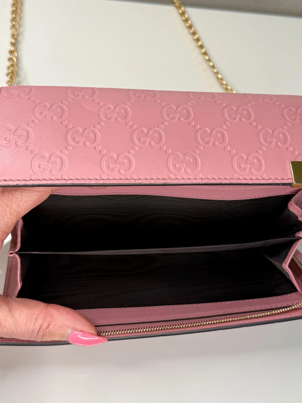 Gucci Guccissima Long Pink Leather Wallet with chain