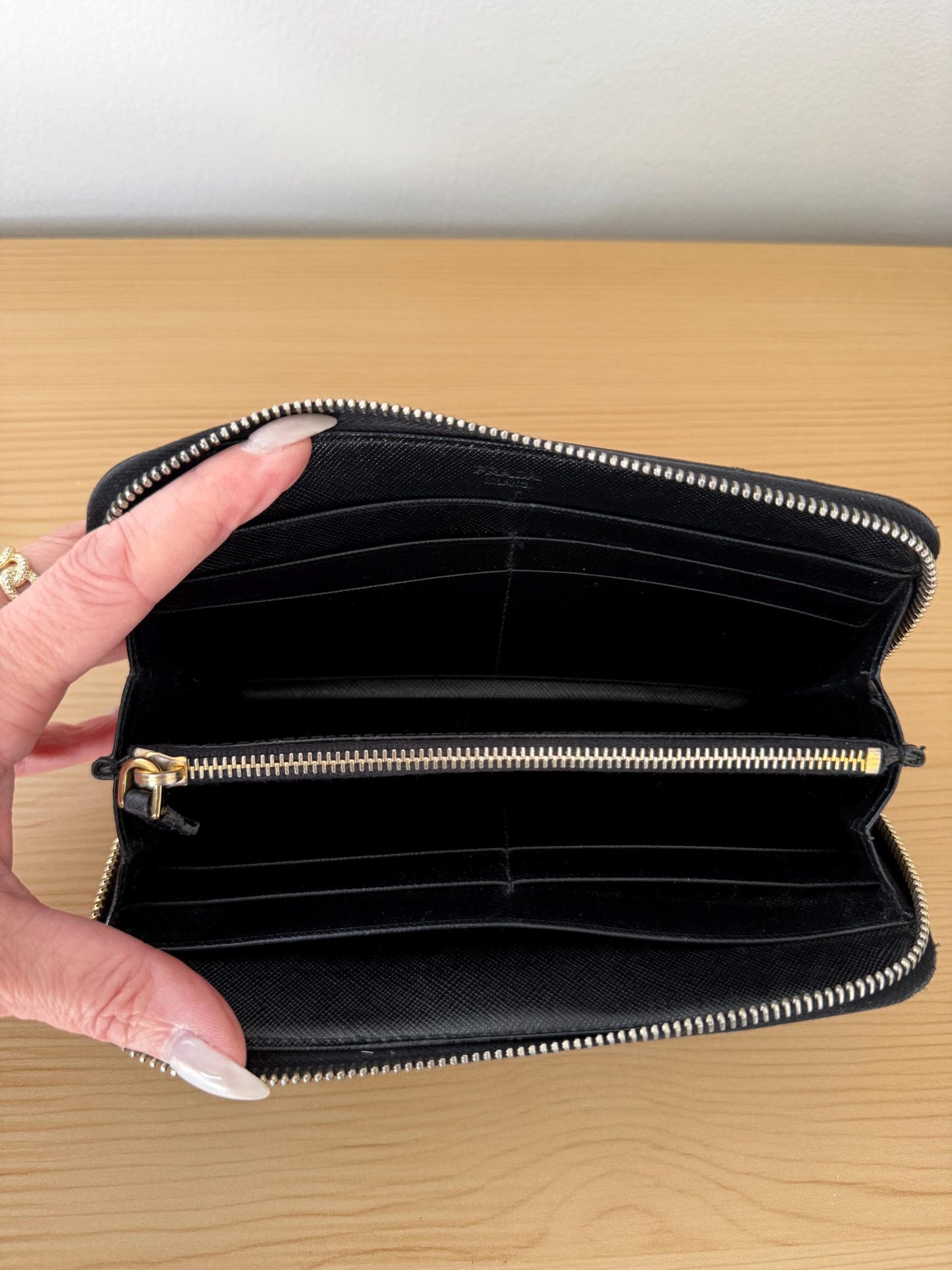 Prada Saffiano Leather Continental Black Bow Zip Around Wallet