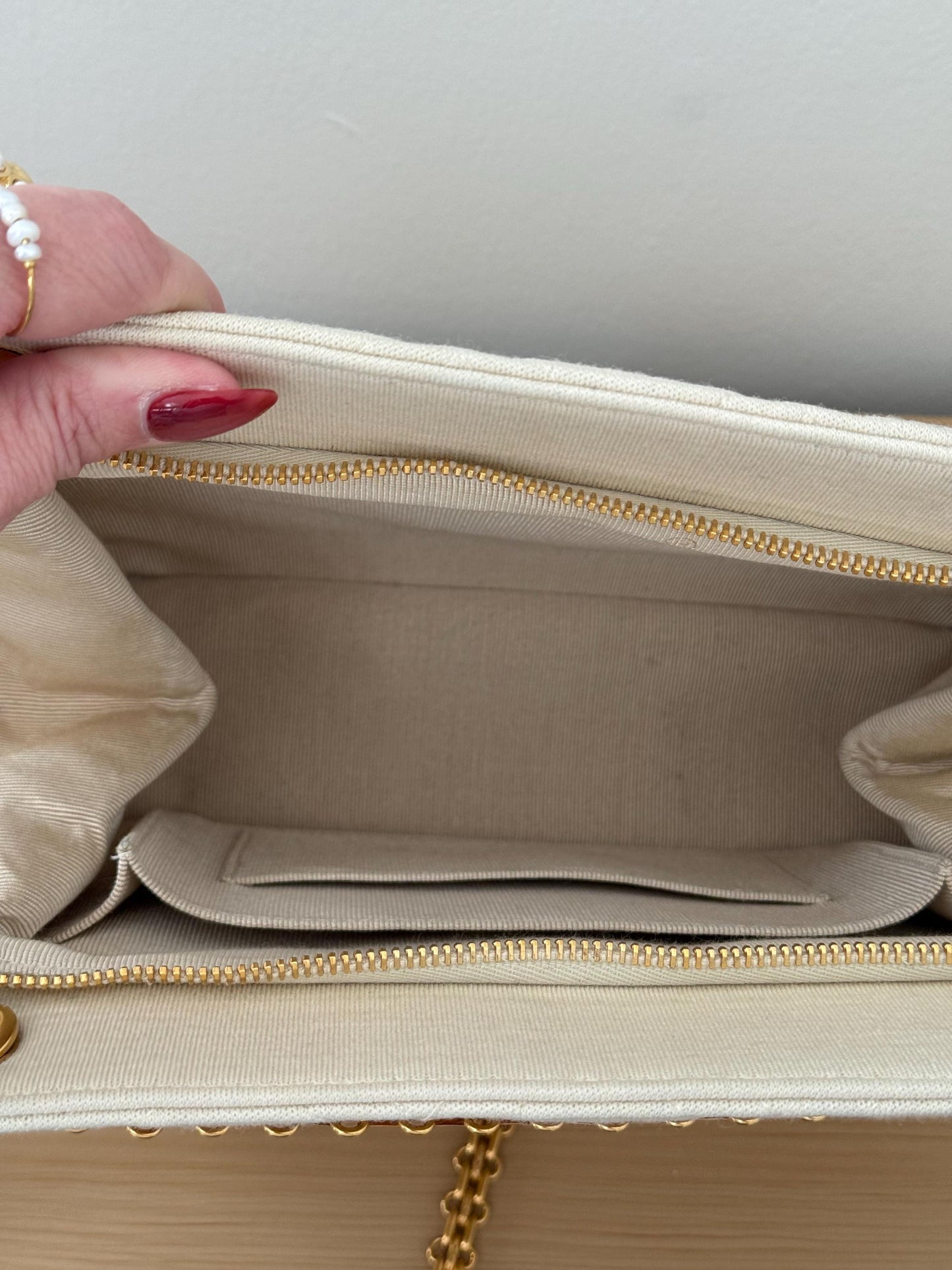 Chanel Mademoiselle Bijoux Chain Cream Cloth Shoulder Bag