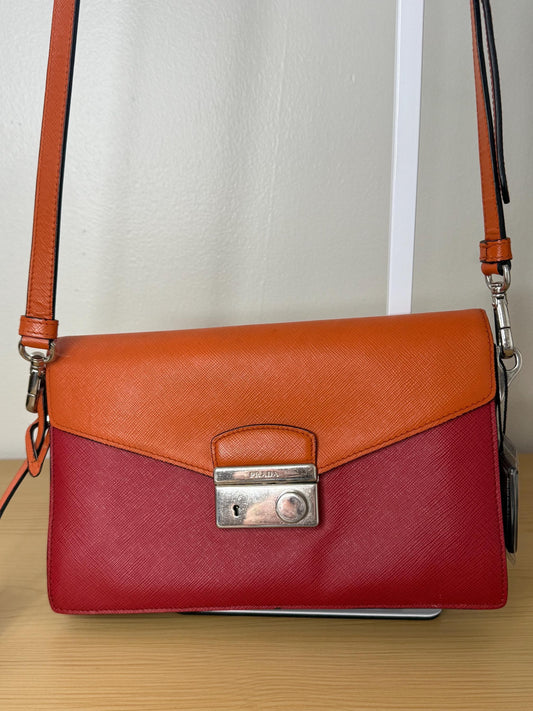 AUTHENTIC Prada Saffiano Leather Flap Bi Color Bag Red/Orange