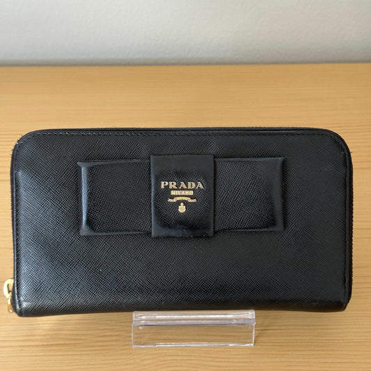 Prada Saffiano Leather Continental Black Bow Zip Around Wallet