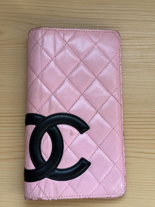 AUTHENTIC Chanel Cambon Long Light Pink with Black CC Wallet Quilted Lambskin Leather