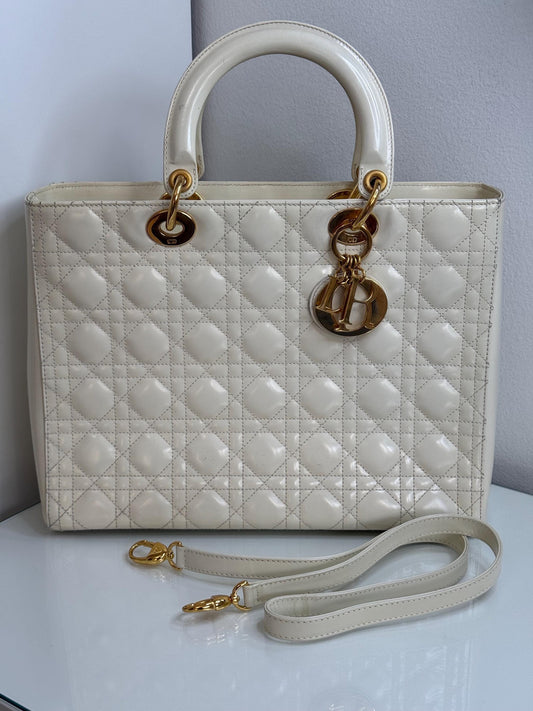 Christian Dior Vintage Lady Dior Large Cream Patent Leather Handbag
