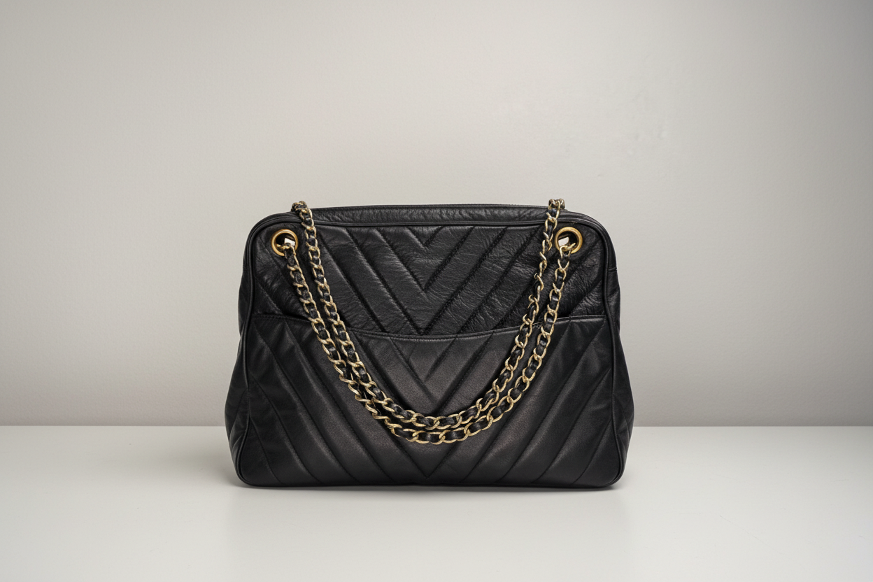 Chanel Vintage Black Lambskin Double Pocket Chevron Handbag 1986-1988