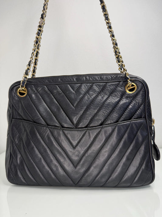 Chanel Vintage Black Lambskin Double Pocket Chevron Handbag 1986-1988