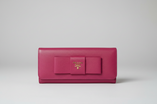 Prada Saffiano Leather Continental Pink Peonia Bow Wallet
