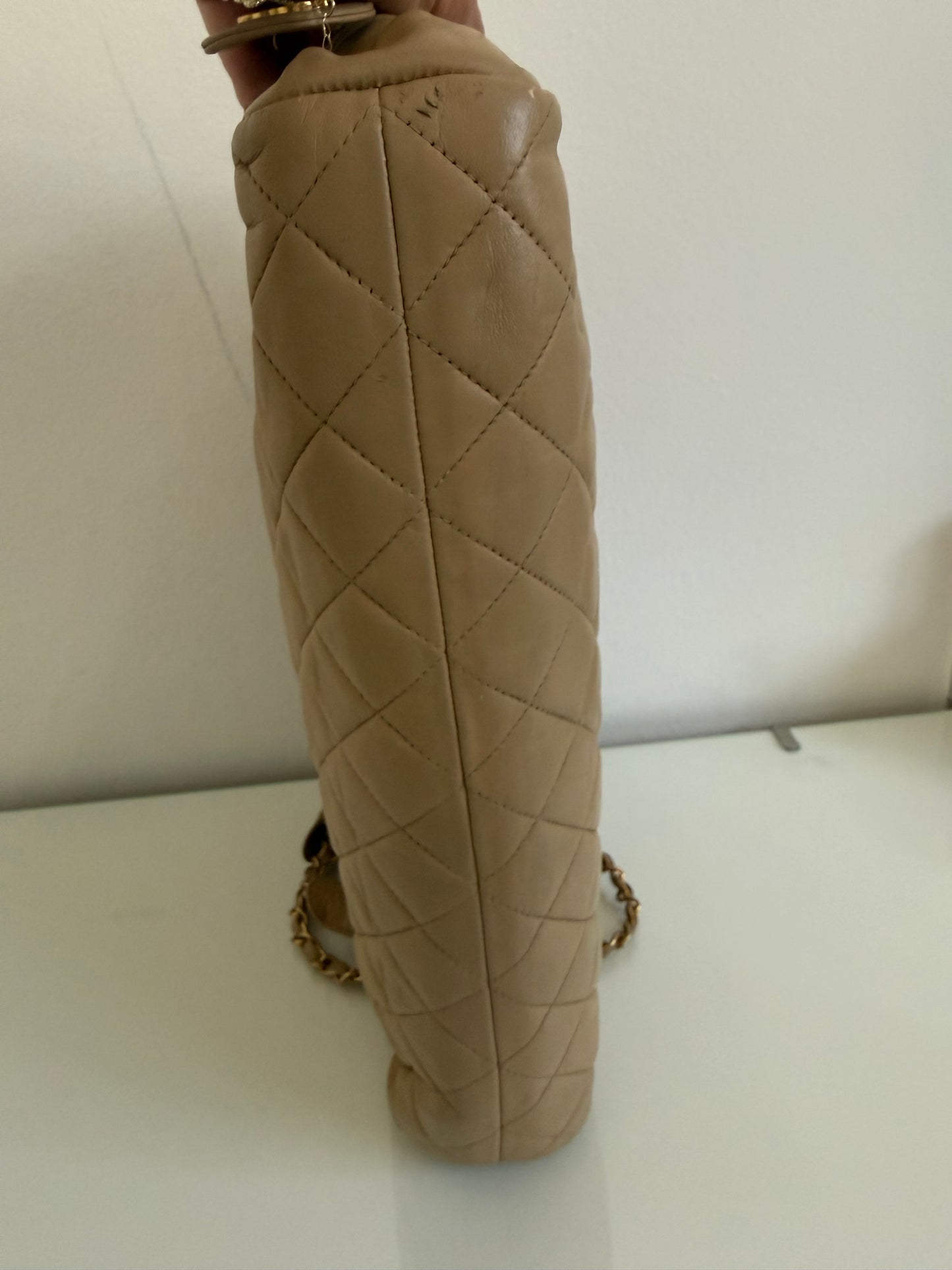 Chanel Vintage Quilted Matelasse Lambskin Beige Camera Tote Bag