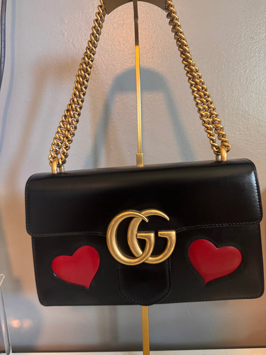 Gucci Black Smooth Leather GG Marmont Heart Shoulder Bag