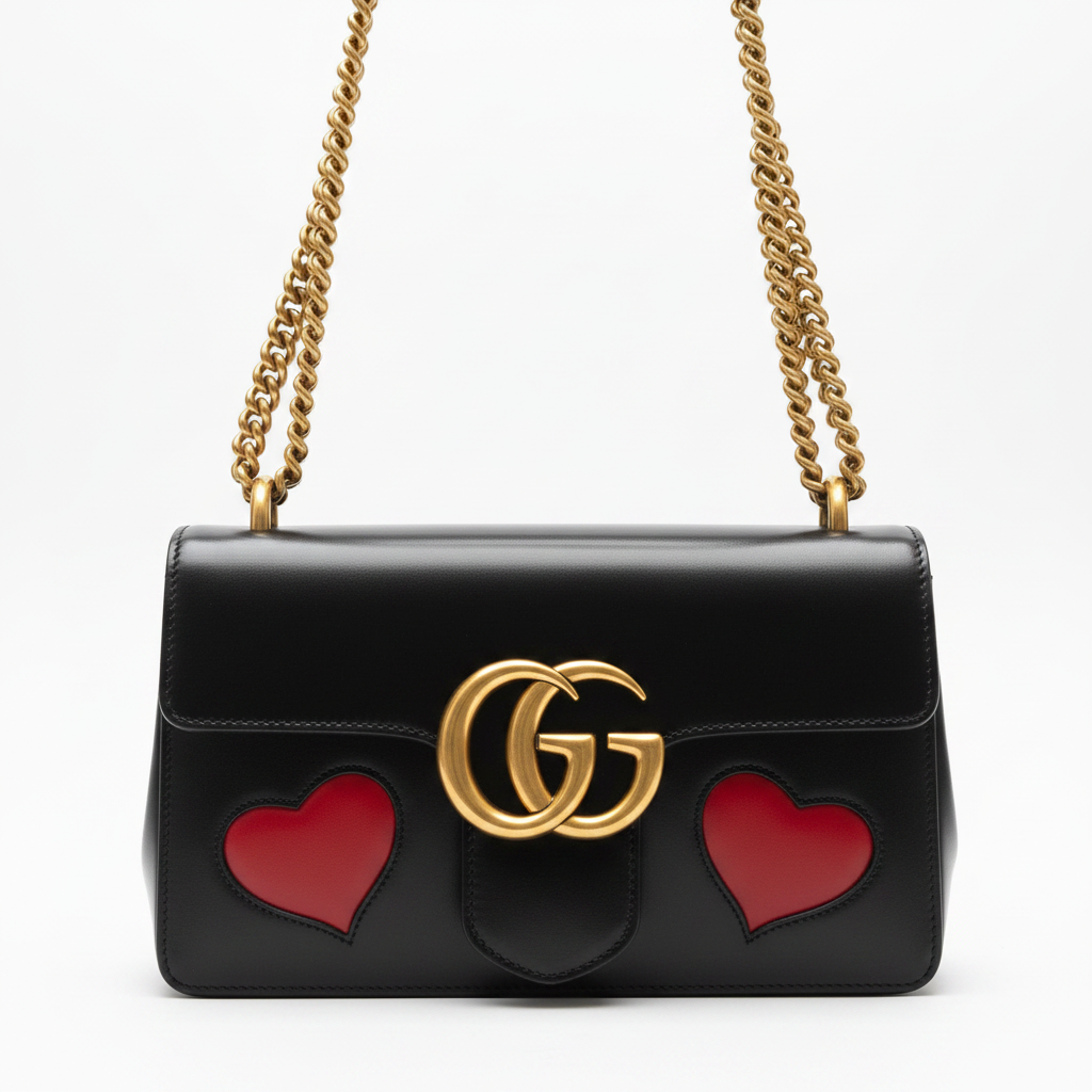 Gucci Black Smooth Leather GG Marmont Heart Shoulder Bag