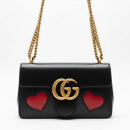 Gucci Black Smooth Leather GG Marmont Heart Shoulder Bag