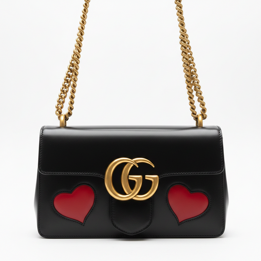 Gucci Black Smooth Leather GG Marmont Heart Shoulder Bag