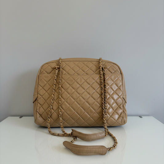 Chanel Vintage Quilted Matelasse Lambskin Beige Camera Tote Bag