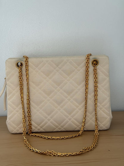 AUTHENTIC Vintage Chanel Mademoiselle Bijoux Chain Cream Cloth Shoulder Bag