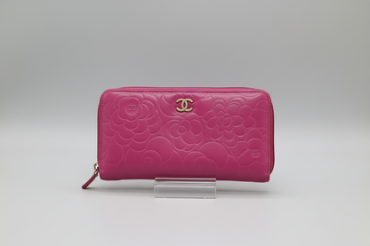 Chanel  Pink Camellia Embossed Caviar Leather Zip Around