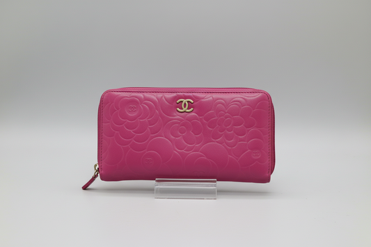 Chanel  Pink Camellia Embossed Caviar Leather Zip Around