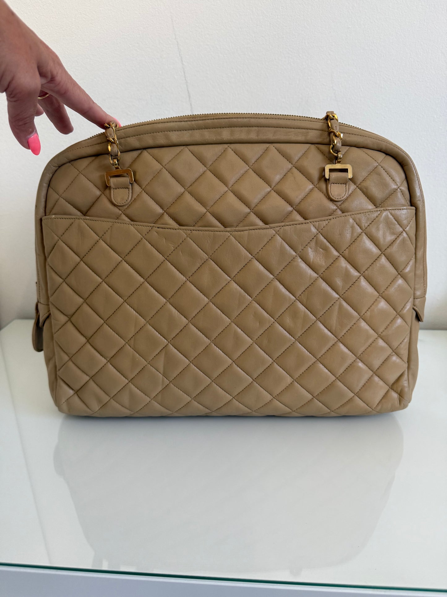 Chanel Vintage Quilted Matelasse Lambskin Beige Camera Tote Bag