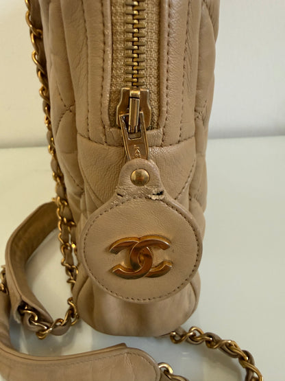 Chanel Vintage Quilted Matelasse Lambskin Beige Camera Tote Bag