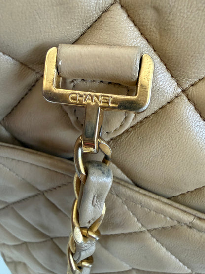 Chanel Vintage Quilted Matelasse Lambskin Beige Camera Tote Bag