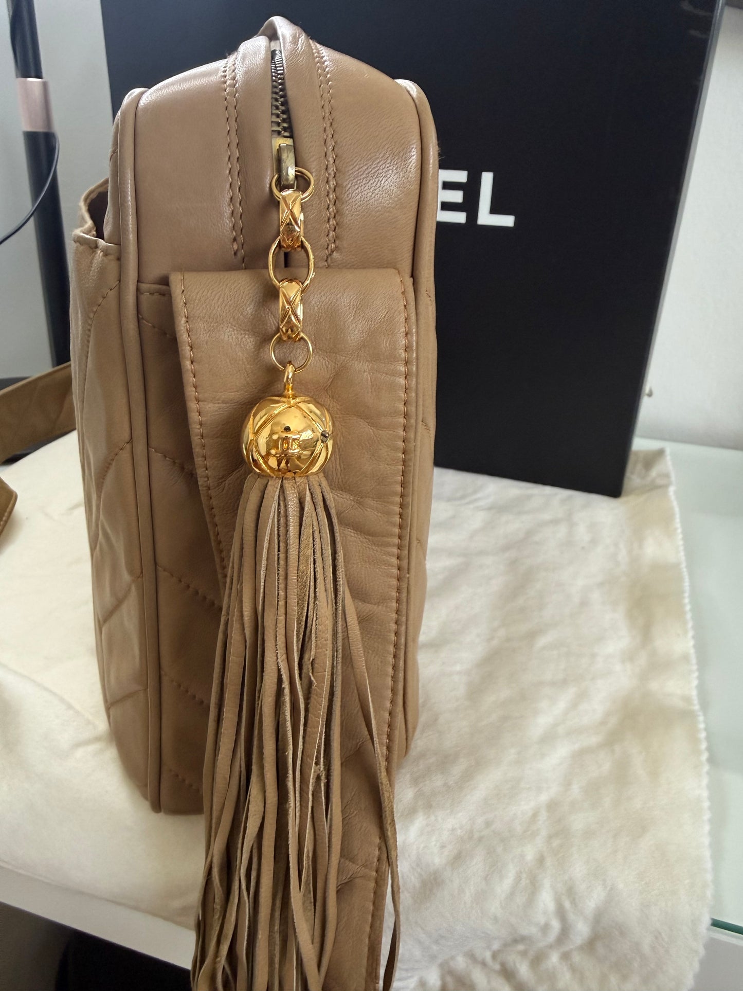 Chanel Vintage Beige Large Lambskin Camera Bag