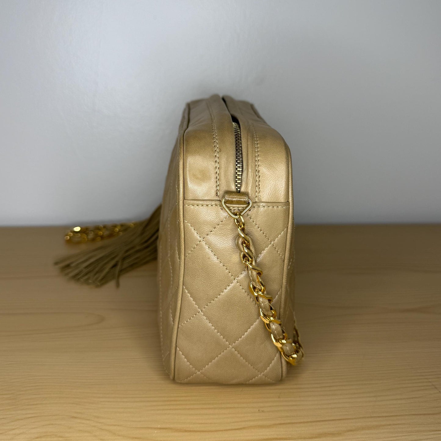 Chanel Vintage Beige Lambskin Leather Camera Bag