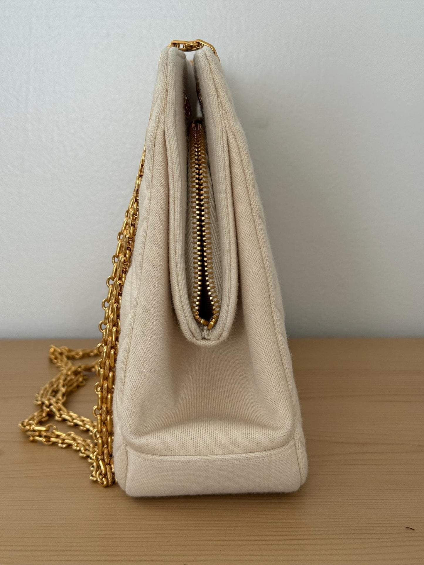 AUTHENTIC Vintage Chanel Mademoiselle Bijoux Chain Cream Cloth Shoulder Bag