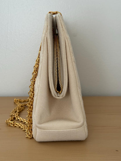 AUTHENTIC Vintage Chanel Mademoiselle Bijoux Chain Cream Cloth Shoulder Bag