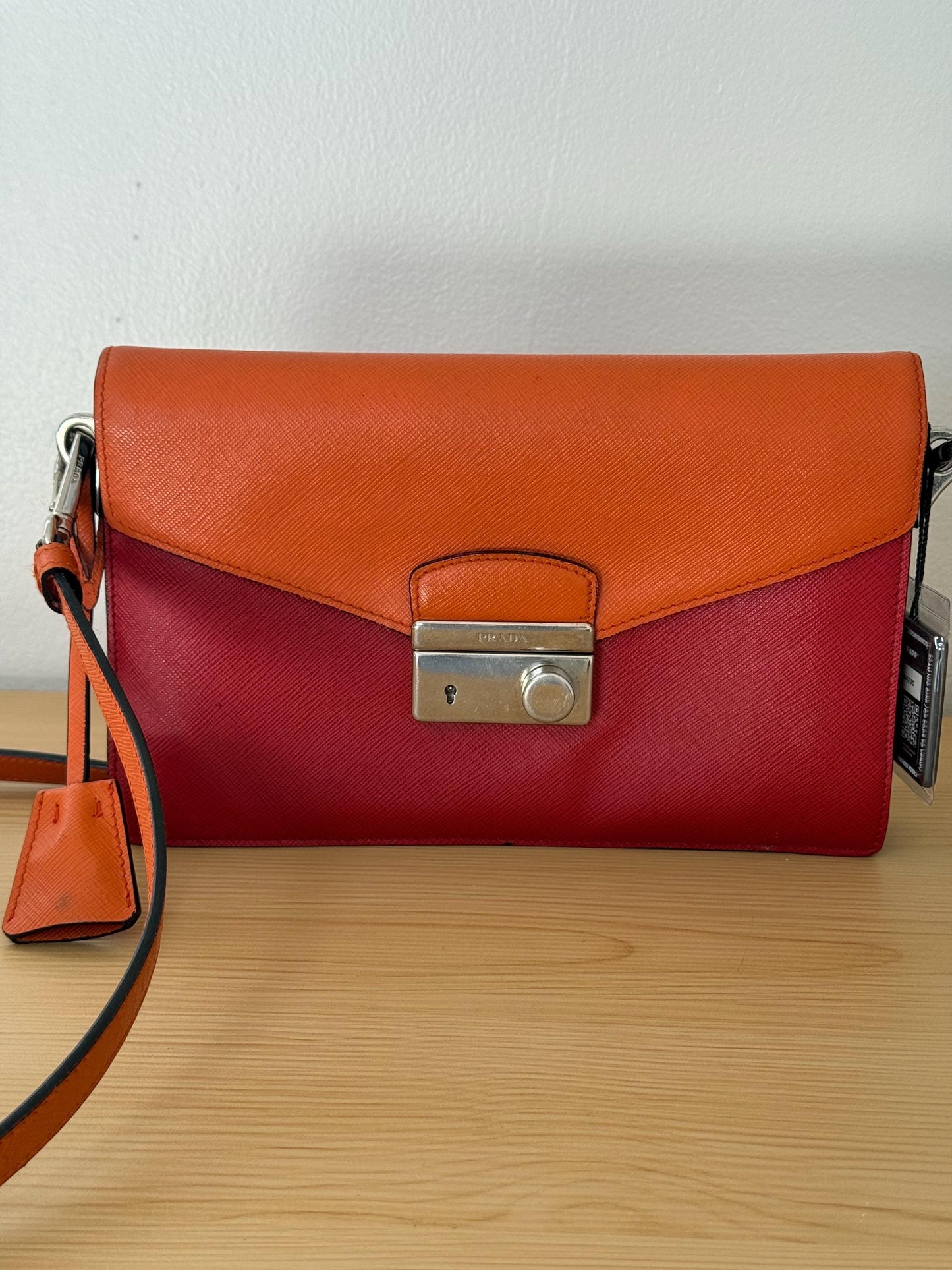 AUTHENTIC Prada Saffiano Leather Flap Bi Color Bag Red/Orange