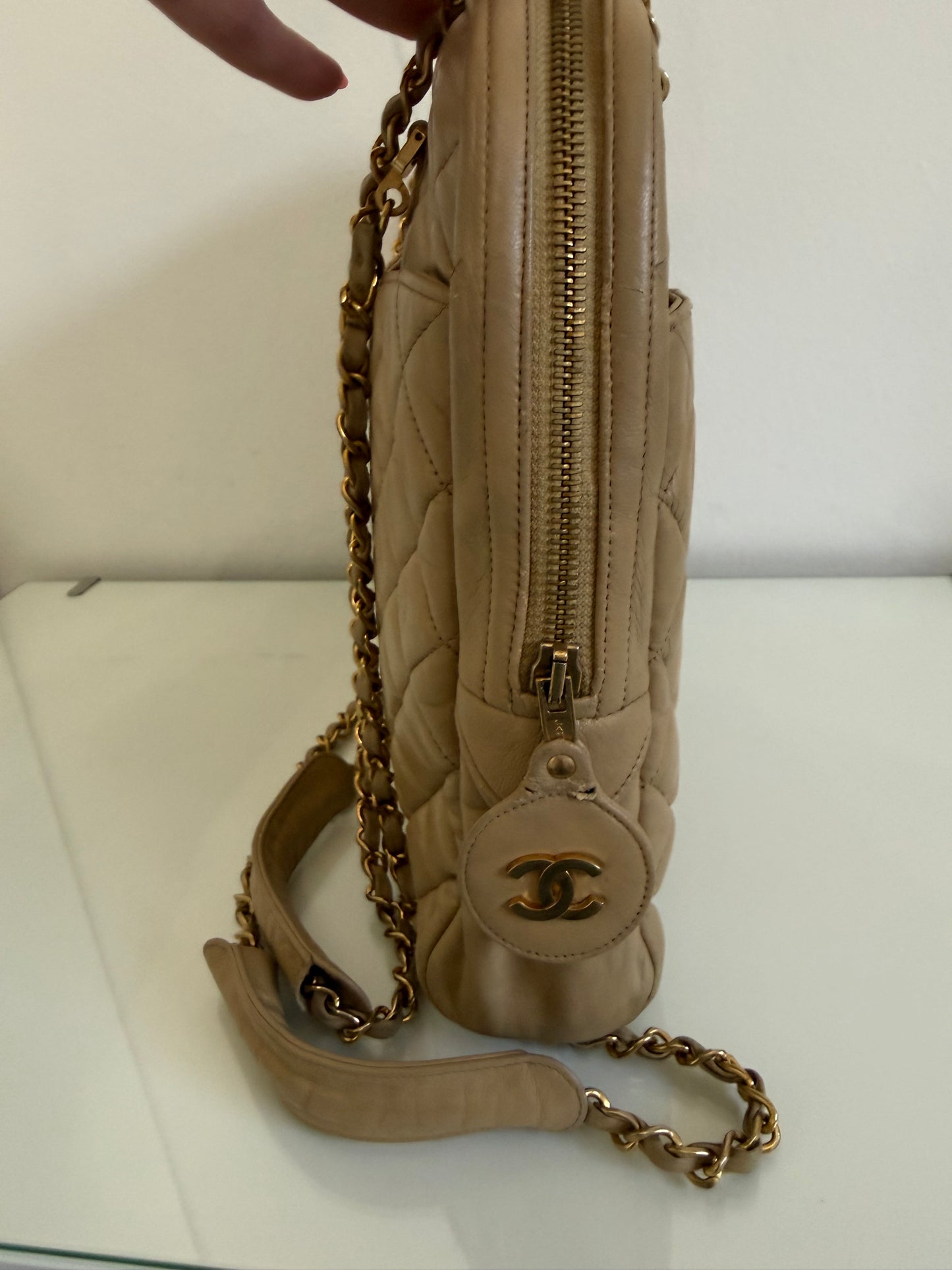 Chanel Vintage Quilted Matelasse Lambskin Beige Camera Tote Bag