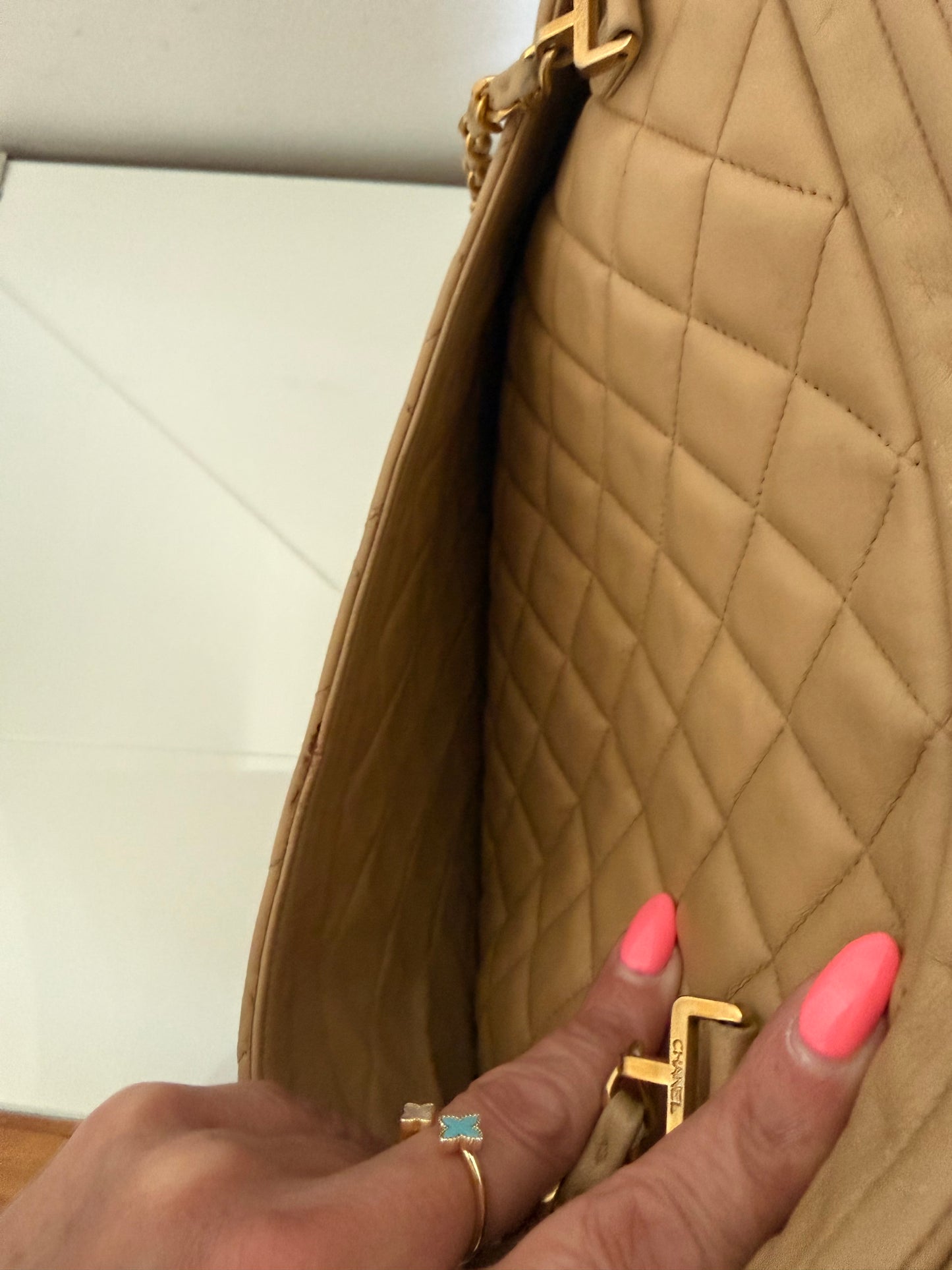Chanel Vintage Quilted Matelasse Lambskin Beige Camera Tote Bag