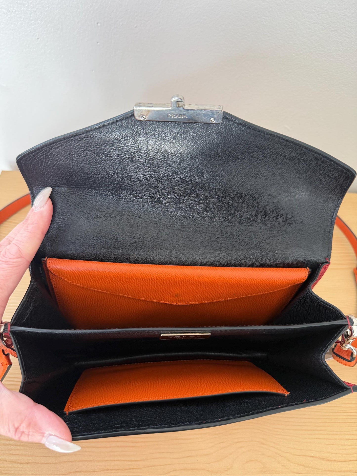 AUTHENTIC Prada Saffiano Leather Flap Bi Color Bag Red/Orange