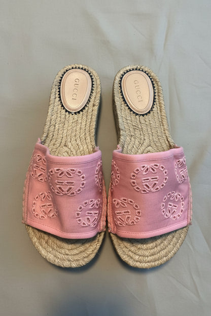 Gucci Damita Pink Logo GG Espadrille Slide Platform Slip on Sandal Shoe 38.5