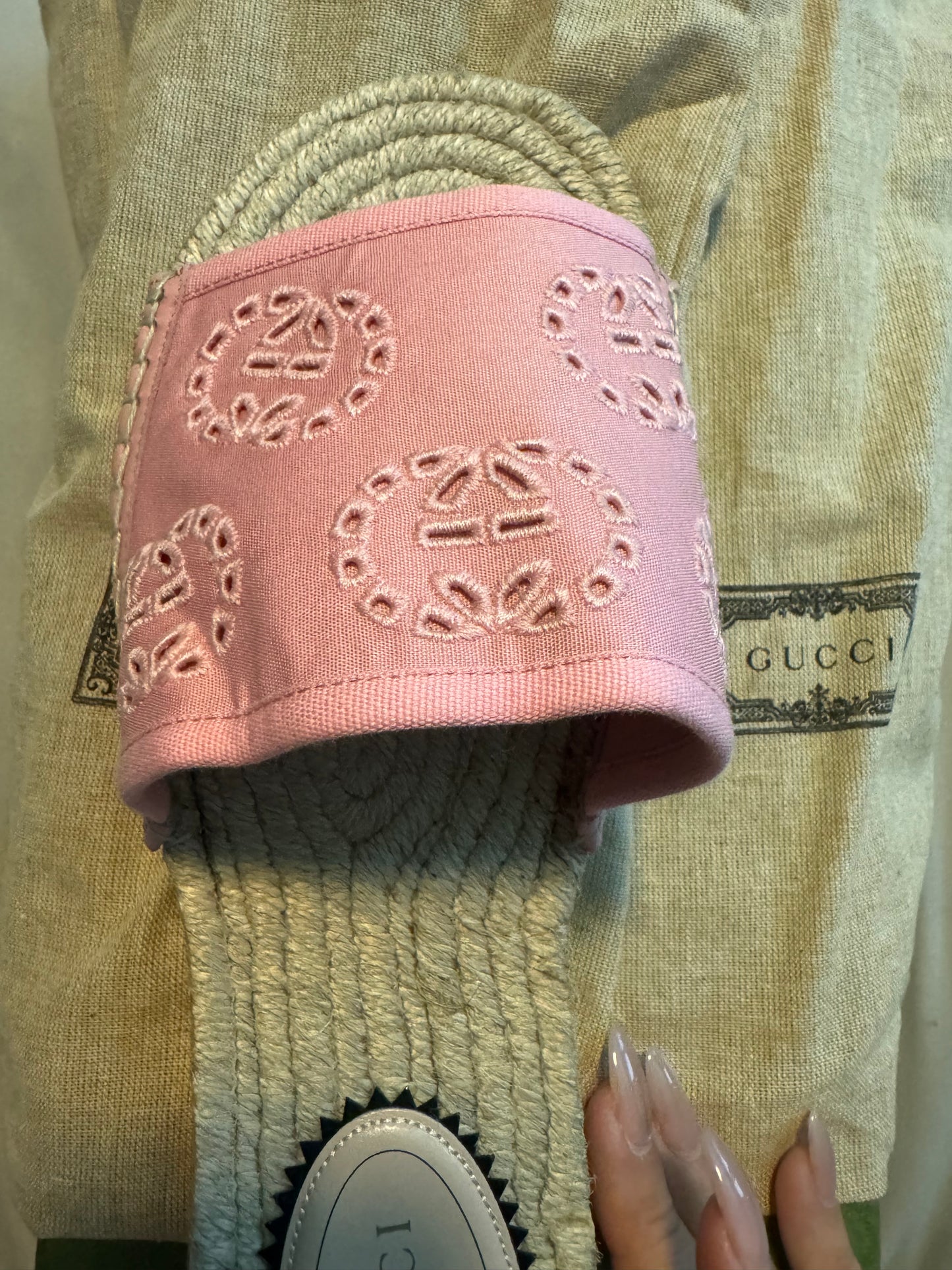 Gucci Damita Pink Logo GG Espadrille Slide Platform Slip on Sandal Shoe 38.5