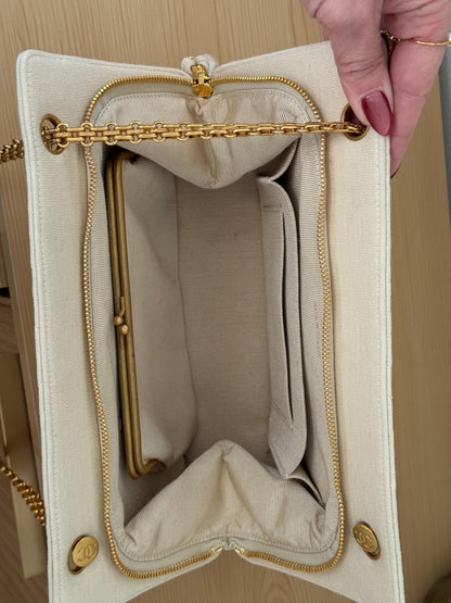 AUTHENTIC Vintage Chanel Mademoiselle Bijoux Chain Cream Cloth Shoulder Bag