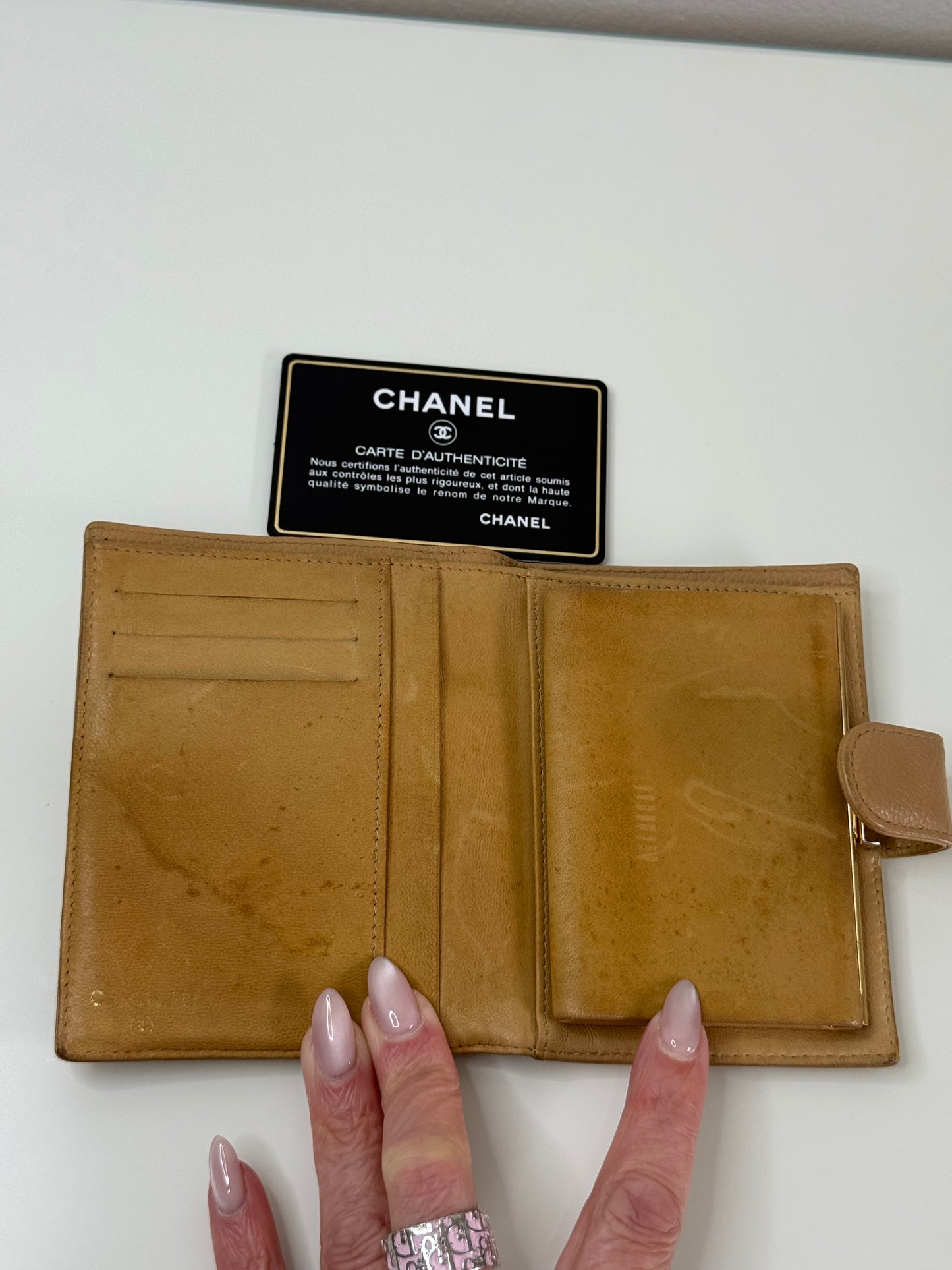 Chanel Beige CC Compact Caviar Leather Wallet