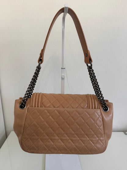 Chanel Boy Accordion Flag Bag Quilted Tan Lambskin with Gunmetal Chain