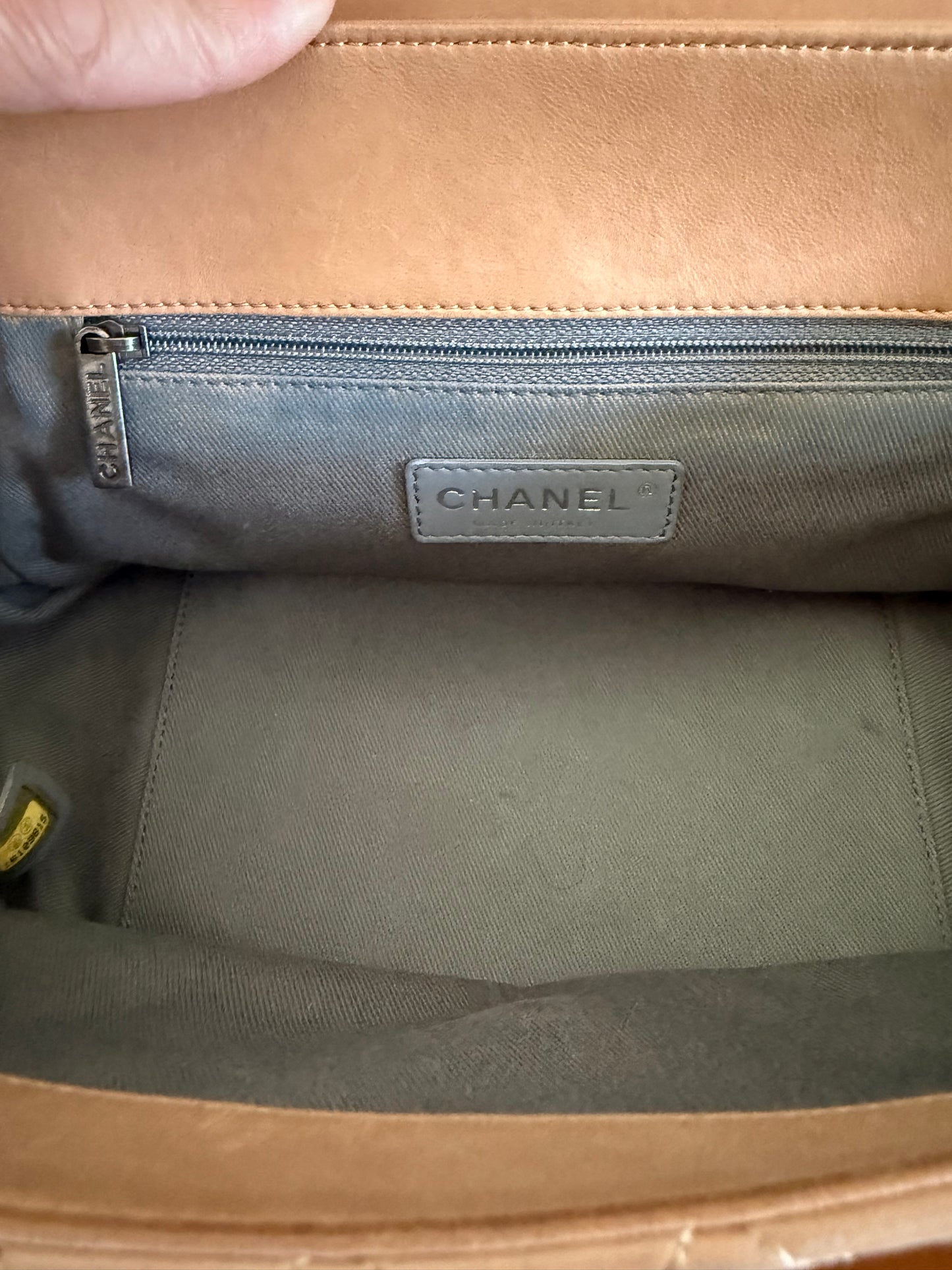Chanel Boy Accordion Flag Bag Quilted Tan Lambskin with Gunmetal Chain