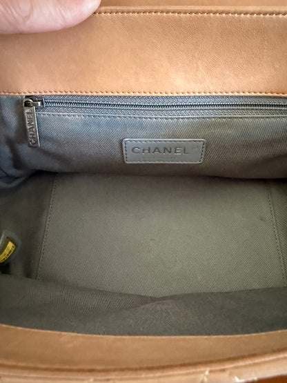 Chanel Boy Accordion Flag Bag Quilted Tan Lambskin with Gunmetal Chain