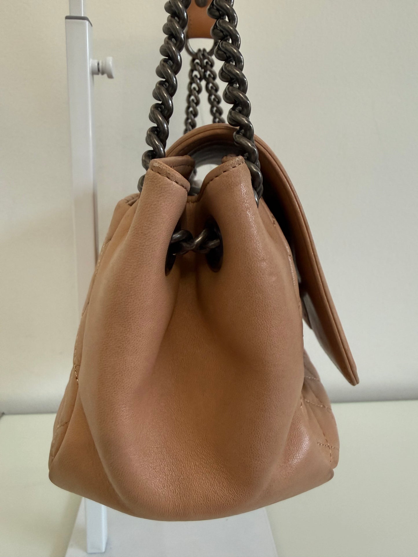 Chanel Boy Accordion Flag Bag Quilted Tan Lambskin with Gunmetal Chain