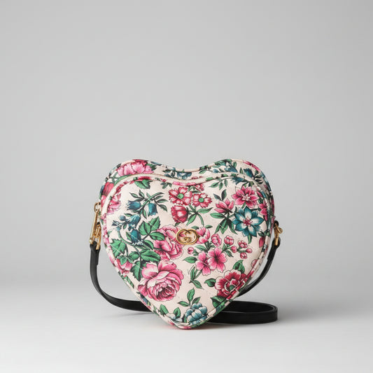 Gucci Brit Rose Print Interlocking G Mini Heart Shoulder Bag