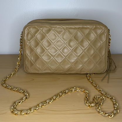 Chanel Vintage Beige Lambskin Leather Camera Bag