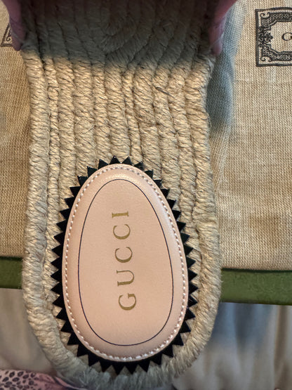 Gucci Damita Pink Logo GG Espadrille Slide Platform Slip on Sandal Shoe 38.5