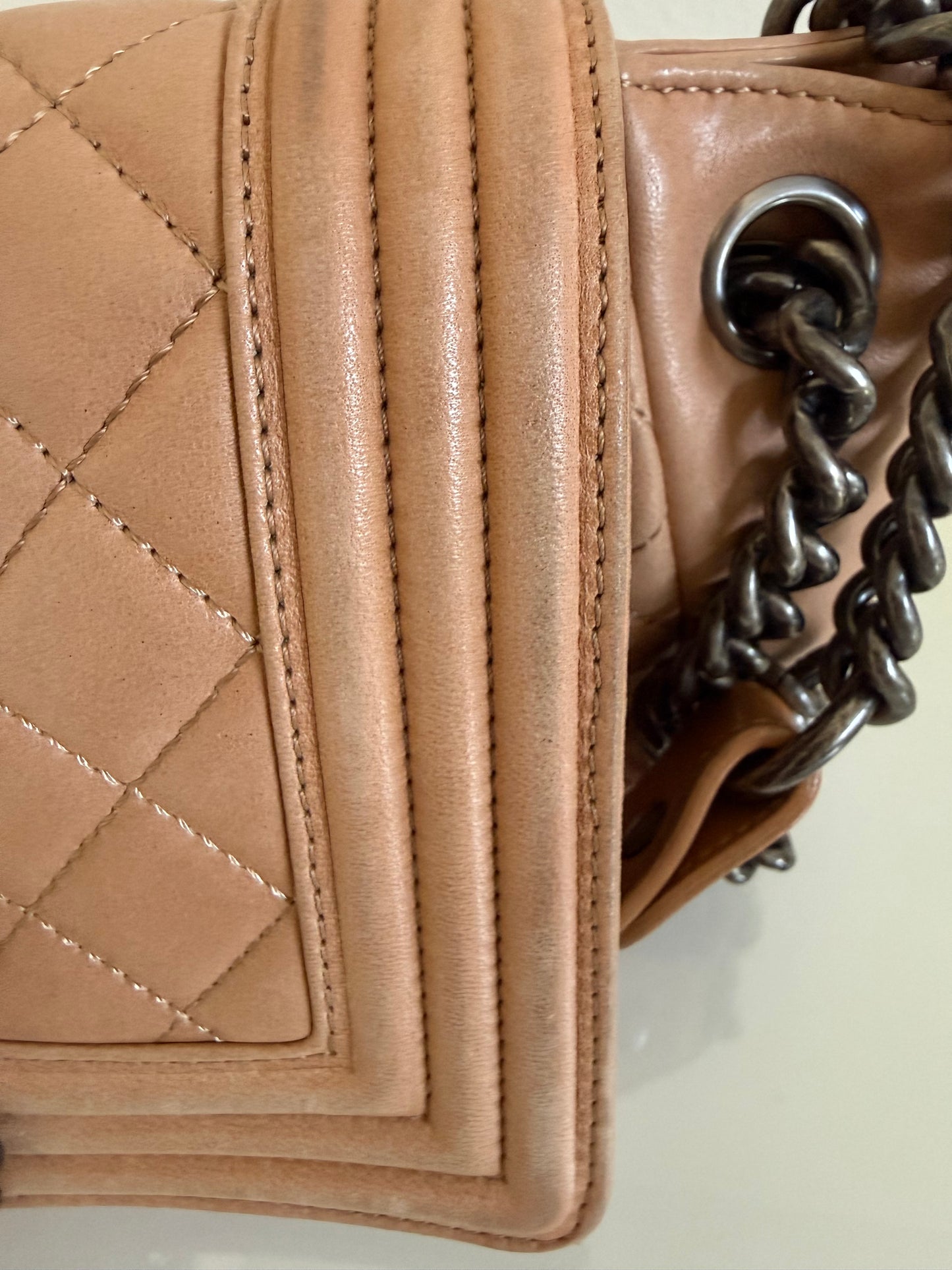 Chanel Boy Accordion Flag Bag Quilted Tan Lambskin with Gunmetal Chain