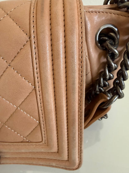Chanel Boy Accordion Flag Bag Quilted Tan Lambskin with Gunmetal Chain