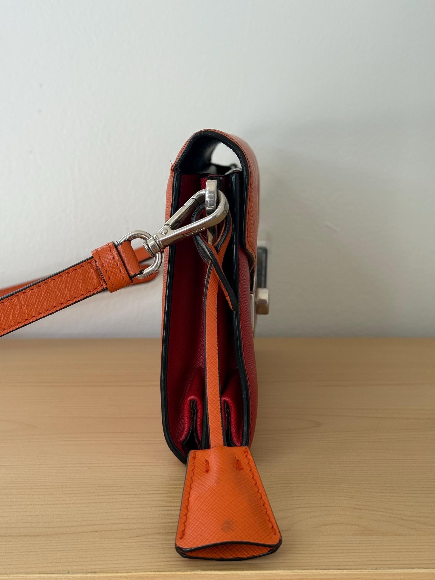 AUTHENTIC Prada Saffiano Leather Flap Bi Color Bag Red/Orange