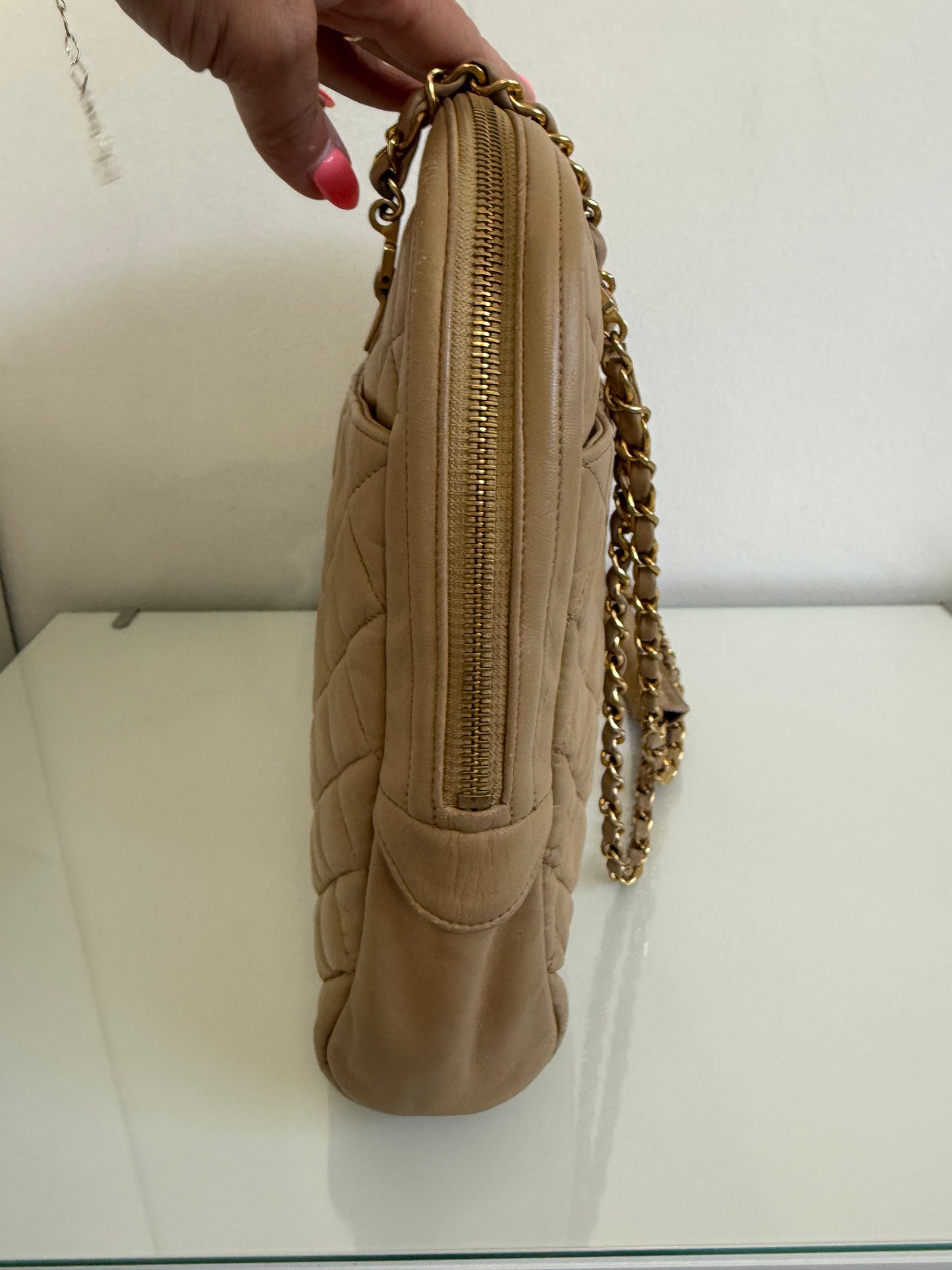 Chanel Vintage Quilted Matelasse Lambskin Beige Camera Tote Bag