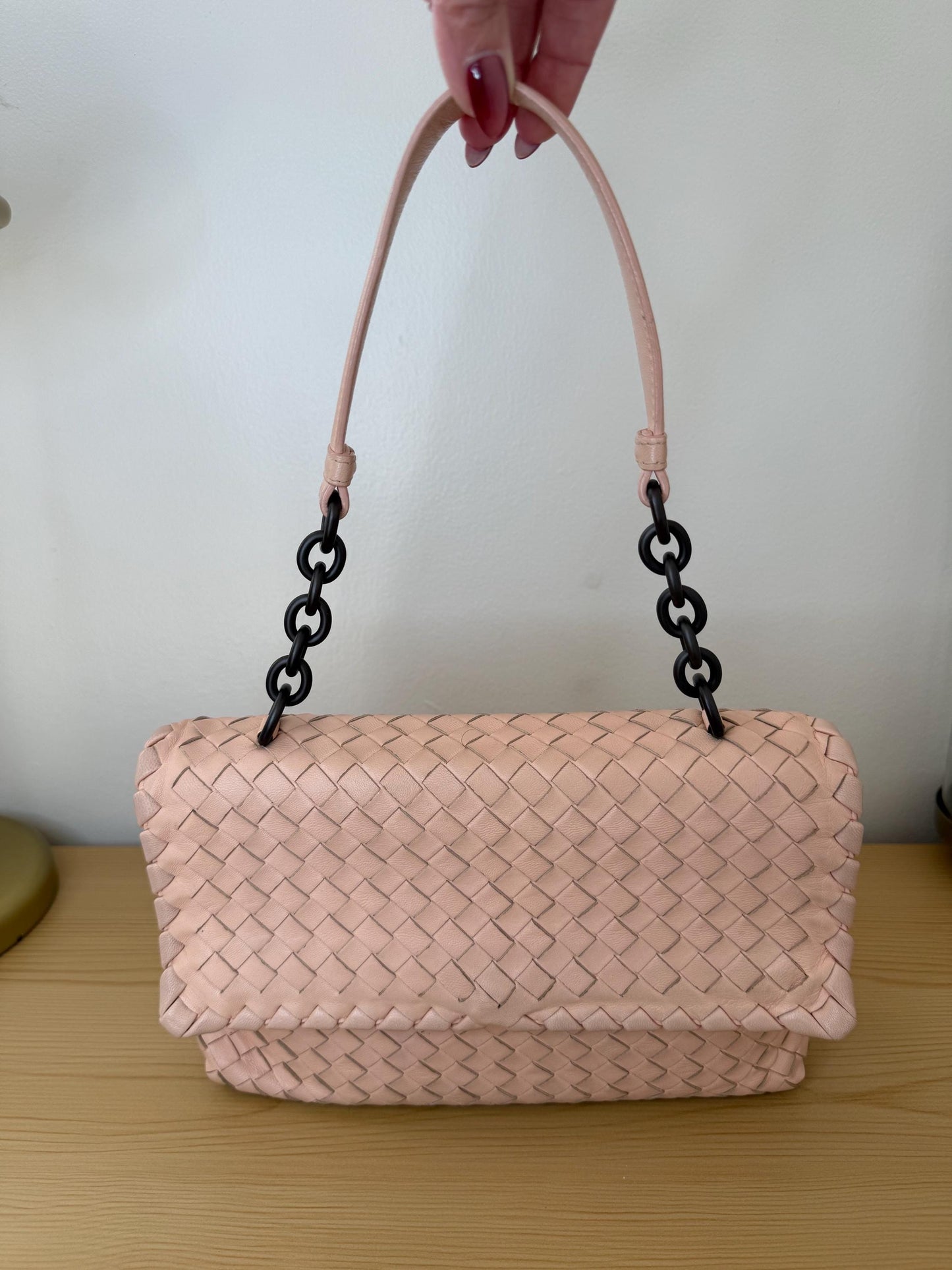 Bottega Veneta small Olimpia shoulder bag in blush pink nappa intrecciato leather
