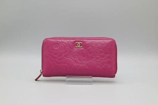 Chanel Pink Camellia Embossed Caviar Leather Zip Around